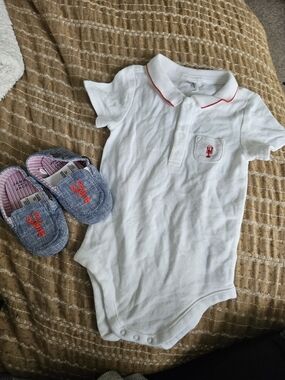 Embroidered Lobster White Polo Onesie with Matching Denim Baby Shoes